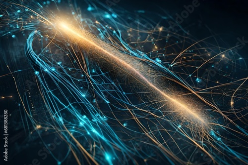 Abstract tech background with illuminated fiber optic connections, quantum computing network system and electronic global intelligence