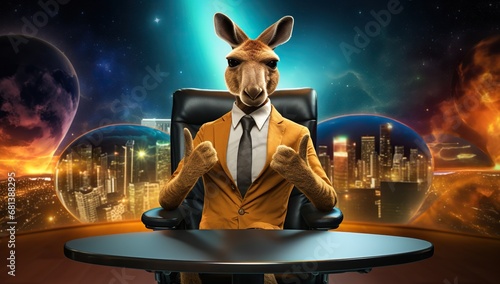 An anthropomorphic kangaroo host in a cosmic landscape with planets and a city skyline gives a thumbs up. photo