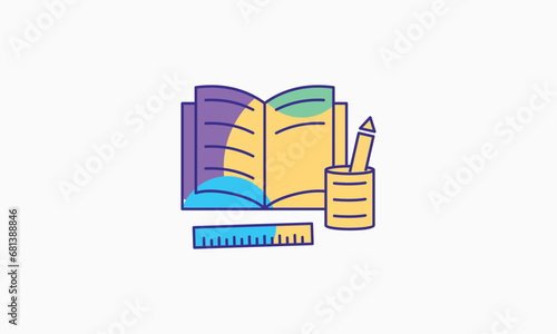 Back to school, online school banner, poster. Yellow backpack with school supplies on the background of a checkered paper with different doodle scientific icons, vector illustration