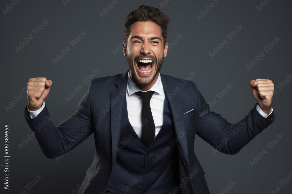A successful and stylish businessman in a suit shows excitement and happiness in the studio. A successful and stylish businessman in a suit shows excitement and happiness in the studio.