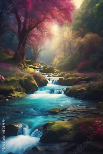A river flows through an enchanted forest. Fantasy landscape. Scenic forest background. photo