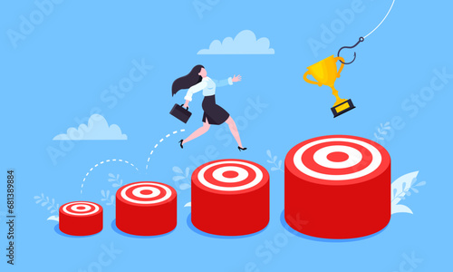 Businesswoman runs and jumps from small target goal to reach bigger target goal achievement