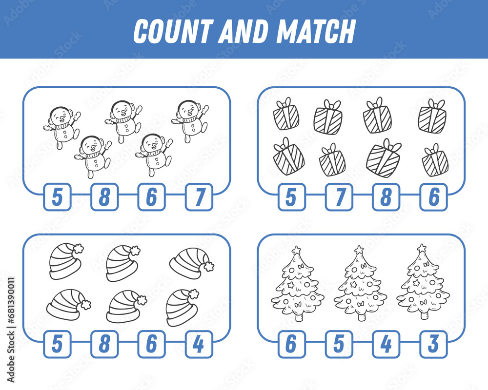 Education game for children count and match of winter elements, printable worksheet. Xmas. Coloring. Education game for children count and match of winter elements, printable worksheet. Xmas. Coloring.