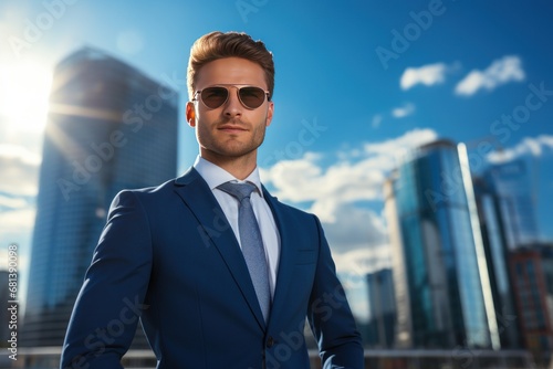 Business man in suit standing in front of skyscraper under blue sky. Generative AI.