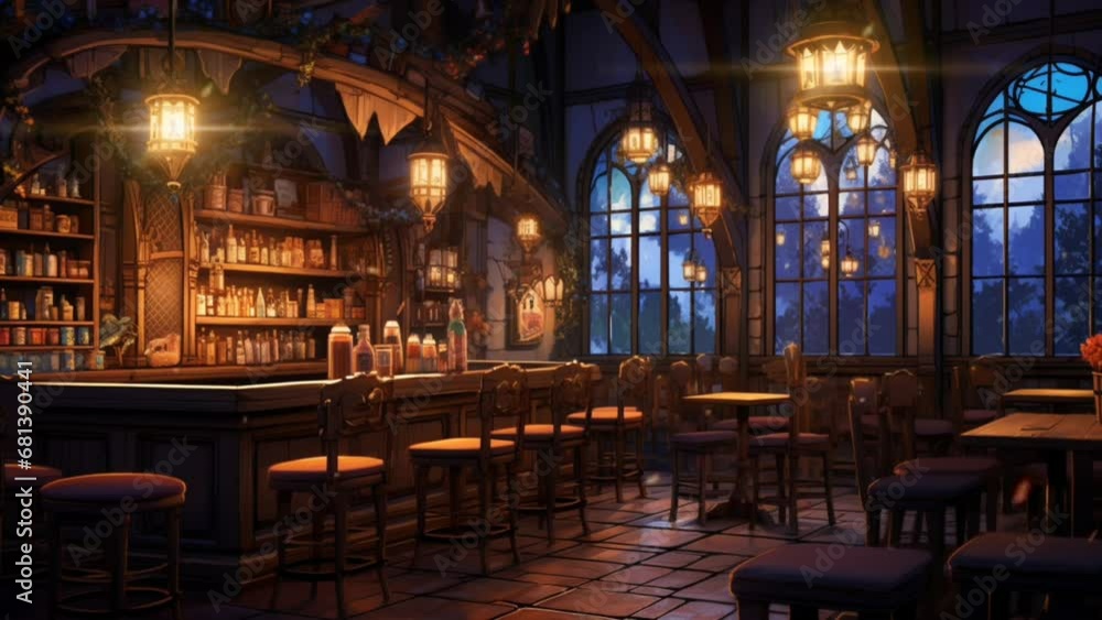 The atmosphere of a medieval bar at night with simple lighting. seamless time-lapse virtual 4k video animation backgrounds, anime or cartoon style. Generated with AI The atmosphere of a medieval bar at night with simple lighting. seamless time-lapse virtual 4k video animation backgrounds, anime or cartoon style. Generated with AI