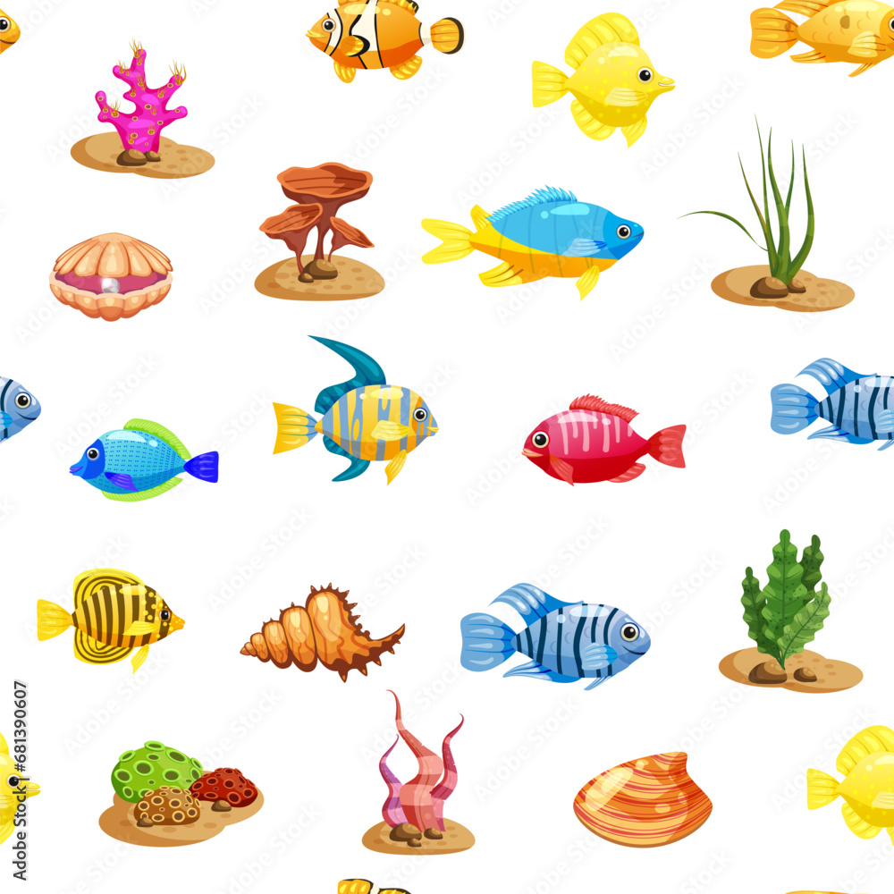 Seamless pattern Tropical fishes, shells, seaweed cartoon. Cute funny underwater characters
