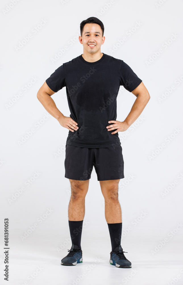 Portrait isolated cutout full body studio shot of strong cheerful Asian male fitness athlete sportman models in casual sport workout outfit standing smiling posing together on white background Portrait isolated cutout full body studio shot of strong cheerful Asian male fitness athlete sportman models in casual sport workout outfit standing smiling posing together on white background