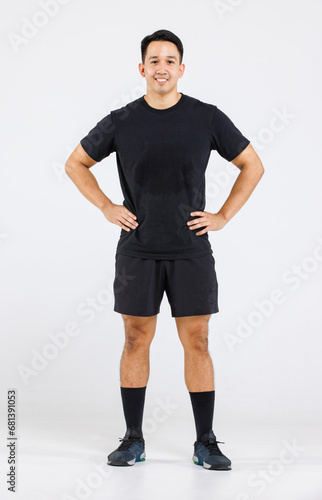 Portrait isolated cutout full body studio shot of strong cheerful Asian male fitness athlete sportman models in casual sport workout outfit standing smiling posing together on white background
