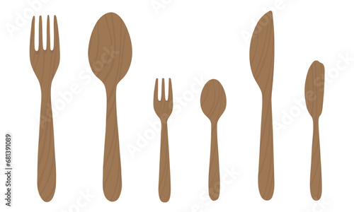Illustration of wooden cutlery. Fork, knife, spoon, butter knife. Vector Top view