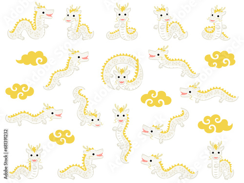 色々なポーズの白い龍と金の雲のセット