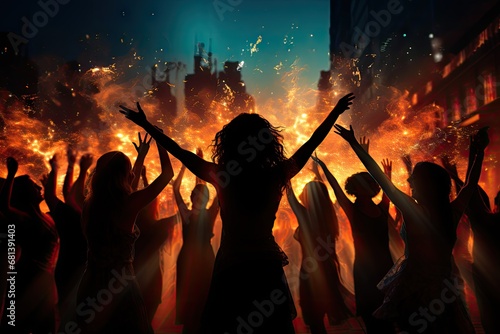 image of unidentical people dancing with silhouette image with firework background.by Generative AI. © chartchai