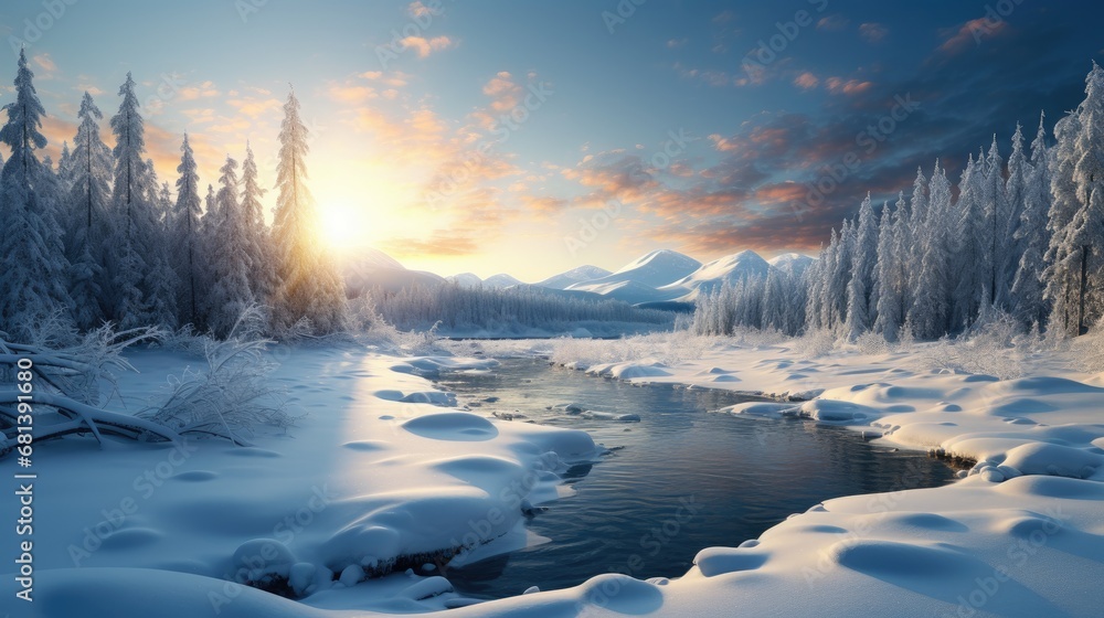 winter landscape, forest, mountains, snow falling winter landscape, forest, mountains, snow falling