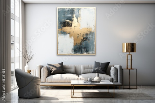 Scandinavian living room interior with abstract painting photo