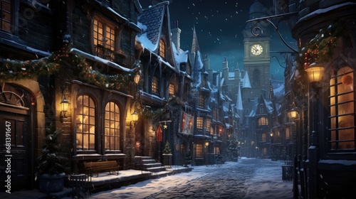 winter night city, narrow street, Christmas