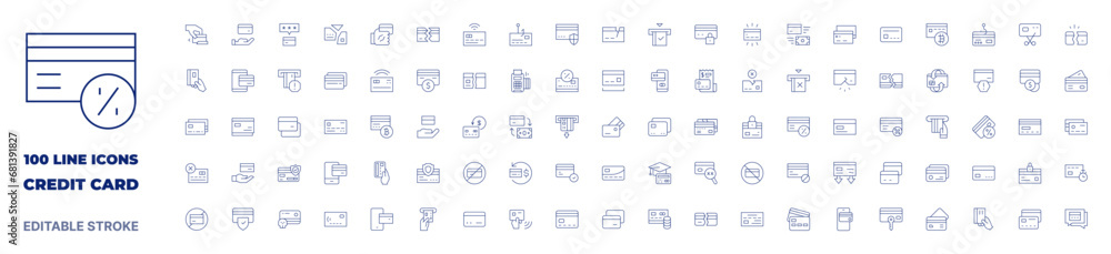 100 icons Credit card collection. Thin line icon. Editable stroke. Credit card icons for web and mobile app.
