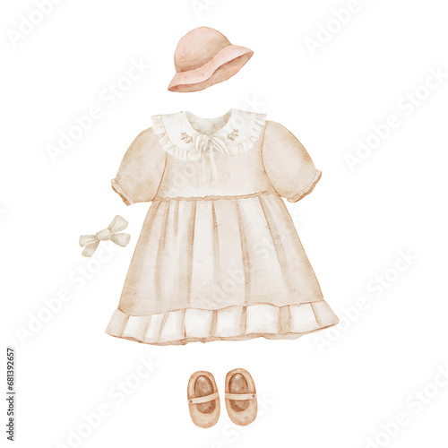 Watercolor illustration beige kids dress with cute shoes on a hanger on a beige background. Fashion kids outfit and accessories for summer.