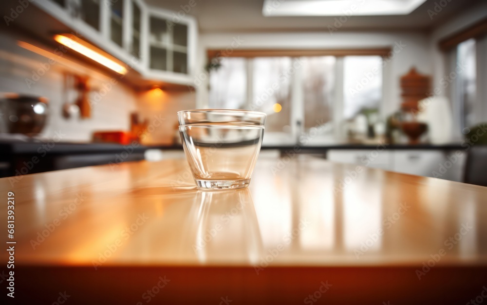 Tabletop with a blurred kitchen room the surface of a table or countertop, while the kitchen area behind it appears blurred.