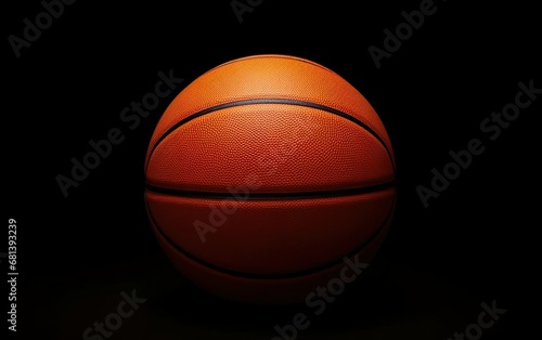 Photorealistic orange basketball ball icon isolated on black background. March madness poster design. Minimalistic banner, side view team sport equipment. AI Generative. © your_inspiration