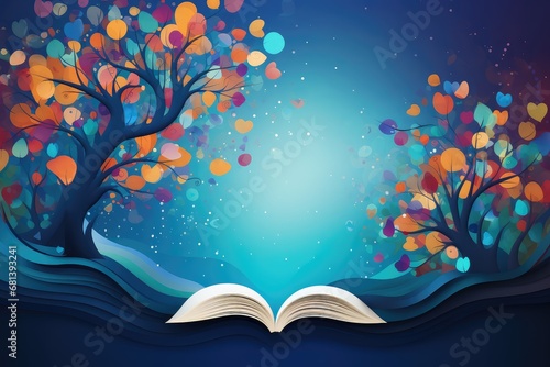 Book with tree and leaves on abstract blue background. abstract background for World Poetry Day or National Storytelling Week photo