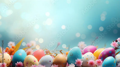the joy of Easter with an artistic representation of a colorful egg hunt and springtime blooms