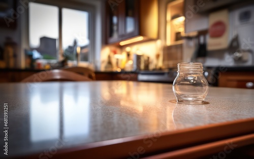 Tabletop with a blurred kitchen room the surface of a table or countertop, while the kitchen area behind it appears blurred.