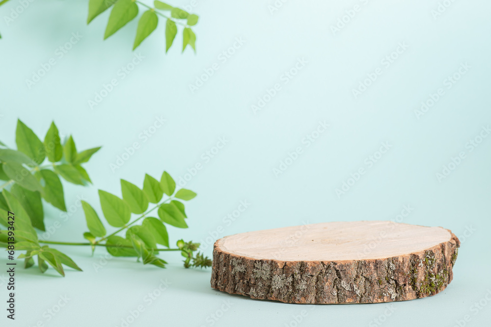 Minimalistic scene of a lying tree on a light blue background with foliage. Minimalistic scene of a lying tree on a light blue background with foliage.
