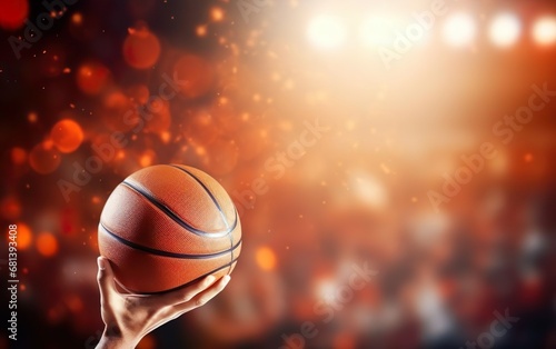 Photorealistic hand holding basketball ball on red bokeh background during match. Basketball court, sport banner design. March madness poster. Sun burst, red fire flame. AI Generative.