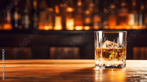 Whiskey with ice on wooden table in liquor store or bar counter with empty copy space