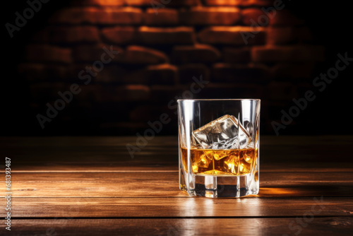 Whiskey with ice on wooden table in liquor store or bar counter with empty copy space