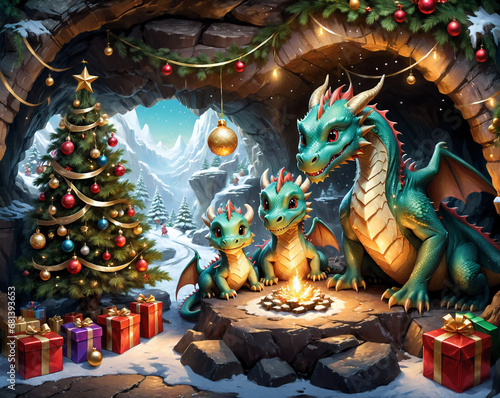 A family of cute dragons inside a cave is preparing for Christmas  holiday atmosphere  decorations  Christmas tree and gifts. Generated AI