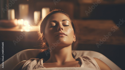 Young woman in beauty spa salon enjoys head massage or head massage. Beautiful woman uses hands to massage client's head on bed in spa. photo