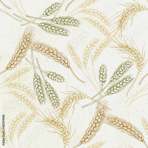 Wheat Agriculture Seamless Pattern. Wheat hand-drawn vector illustration for background of bread label design, bakery packaging. Homemade cooking banner. Cooking courses banner.