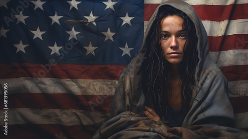 homeless woman on american flag background