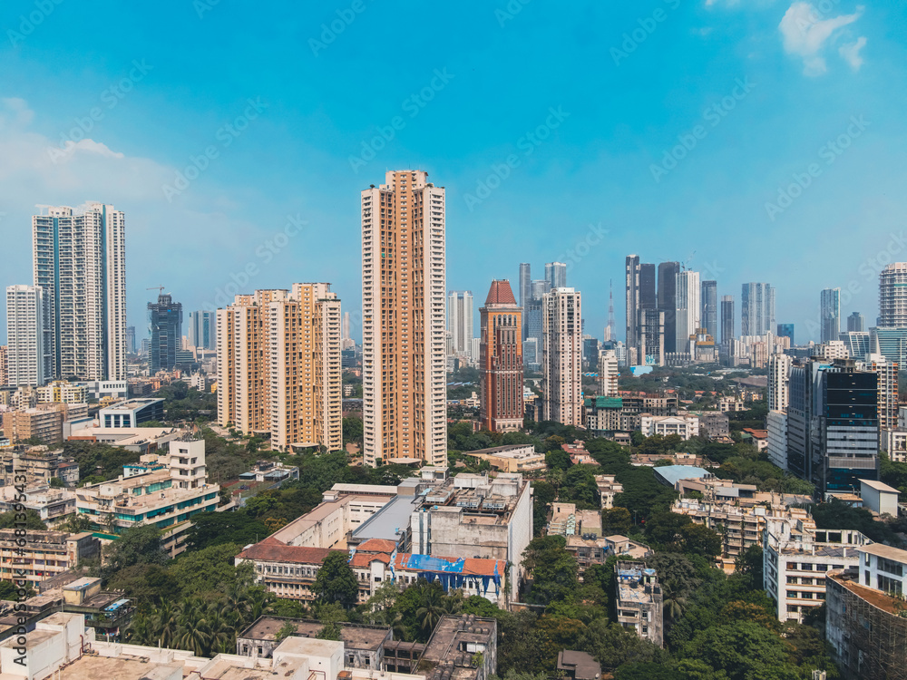 Modern City high-rise skyscraper buildings. Aerial drone view of the Financial District in Mumbai. Daytime Mumbai City, India.