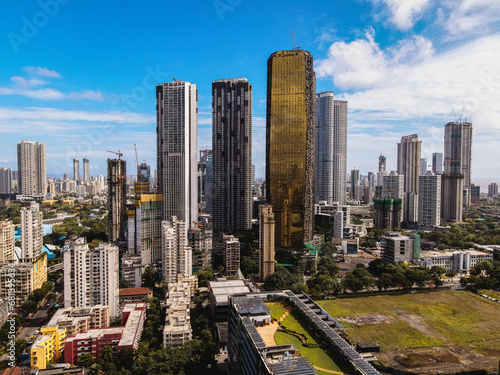 Modern City high-rise skyscraper buildings. Aerial drone view of the Financial District in Mumbai. Daytime Mumbai City  India