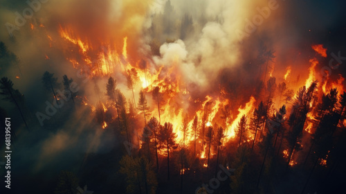 Aerial view of a raging forest fire. The concept illustrates environmental disaster.