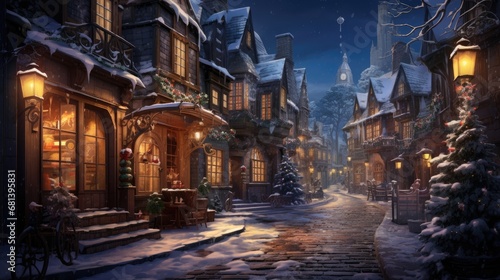 winter night city, narrow street, Christmas