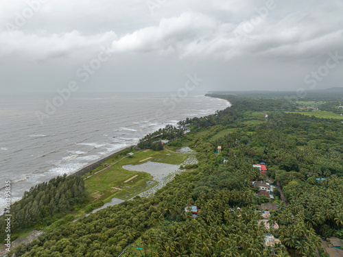 Photography Aerial view of Kihim beach in the coastal area of Alibag, Maharashtra India