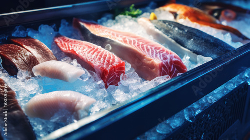 Fresh organic seafood fish tuna in refrigerator photo