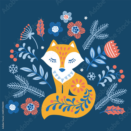 Vector hand drawn illustration of animals in Nordic style lagom. Silhouette of red patterned fox among flowers on dark blue background