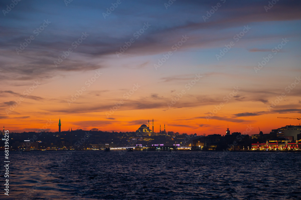 Istanbul view at sunset from a ferry on the Bosphorus.
