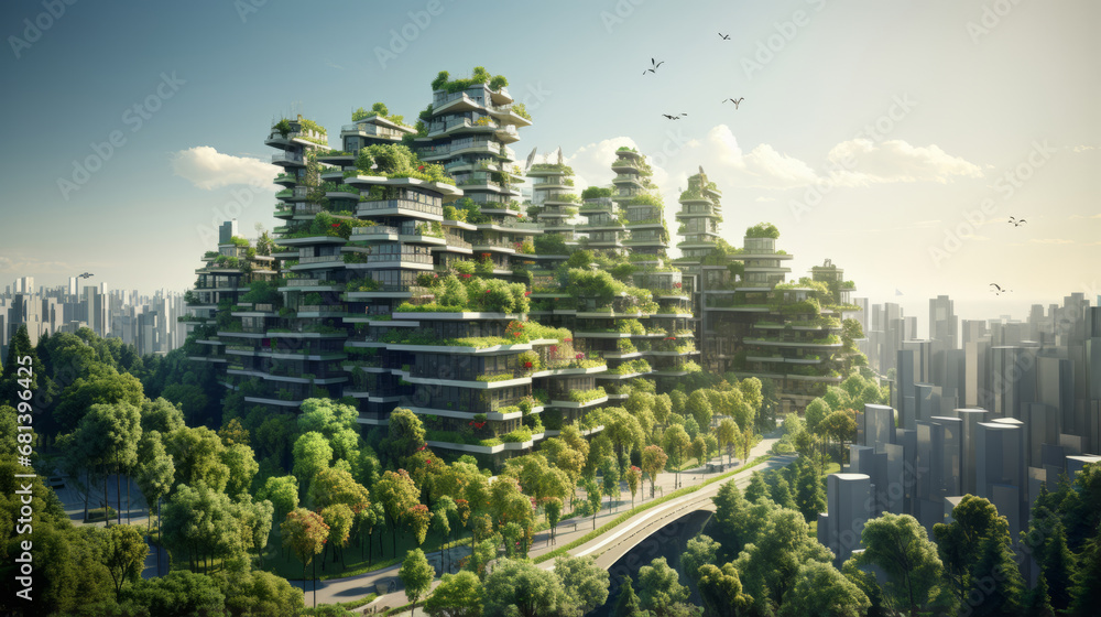 Future city in green eco plants over the buildings