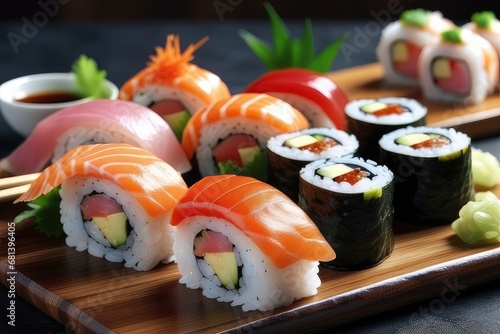 Sushi rolls on wooden table, close-up. Japanese food
