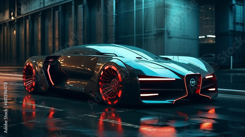 Futuristic car in the night city with neon lights © standret