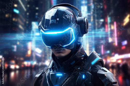 Futuristic cyber man portrait, in neon city photo
