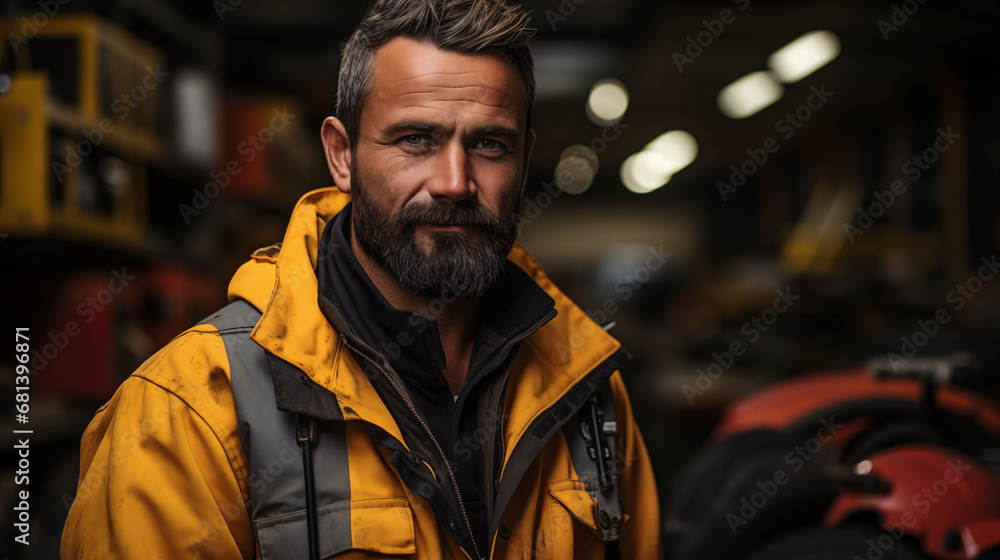 Portrait of a Mature Australian mining equipment engineer wearing hi-vis standing in modern workshop in the style of Factory Portrait of a Mature Australian mining equipment engineer wearing hi-vis standing in modern workshop in the style of Factory