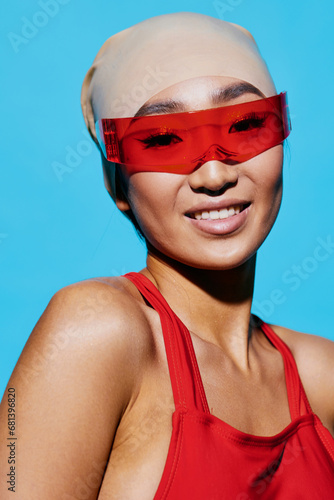 Portrait woman beauty sunglasses red blue smiling