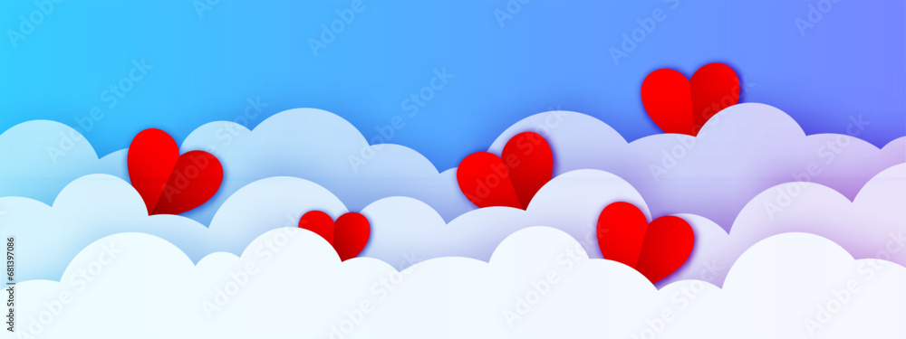 Valentine's Day holidays banner with sky and paper cut clouds. Place for text. Happy Valentine's day header template with red hearts. Blue cloudscape border for holiday sale background. 