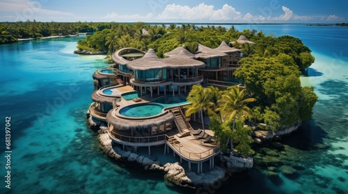 Luxury overwater villas from above. Aerial drone picture © Tn