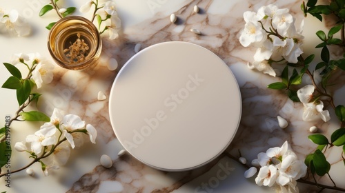 Flat lay mockup scene featuring beauty cosmetics product presentation on a white marble table with a white circle shape and copy space Trendy sunlight